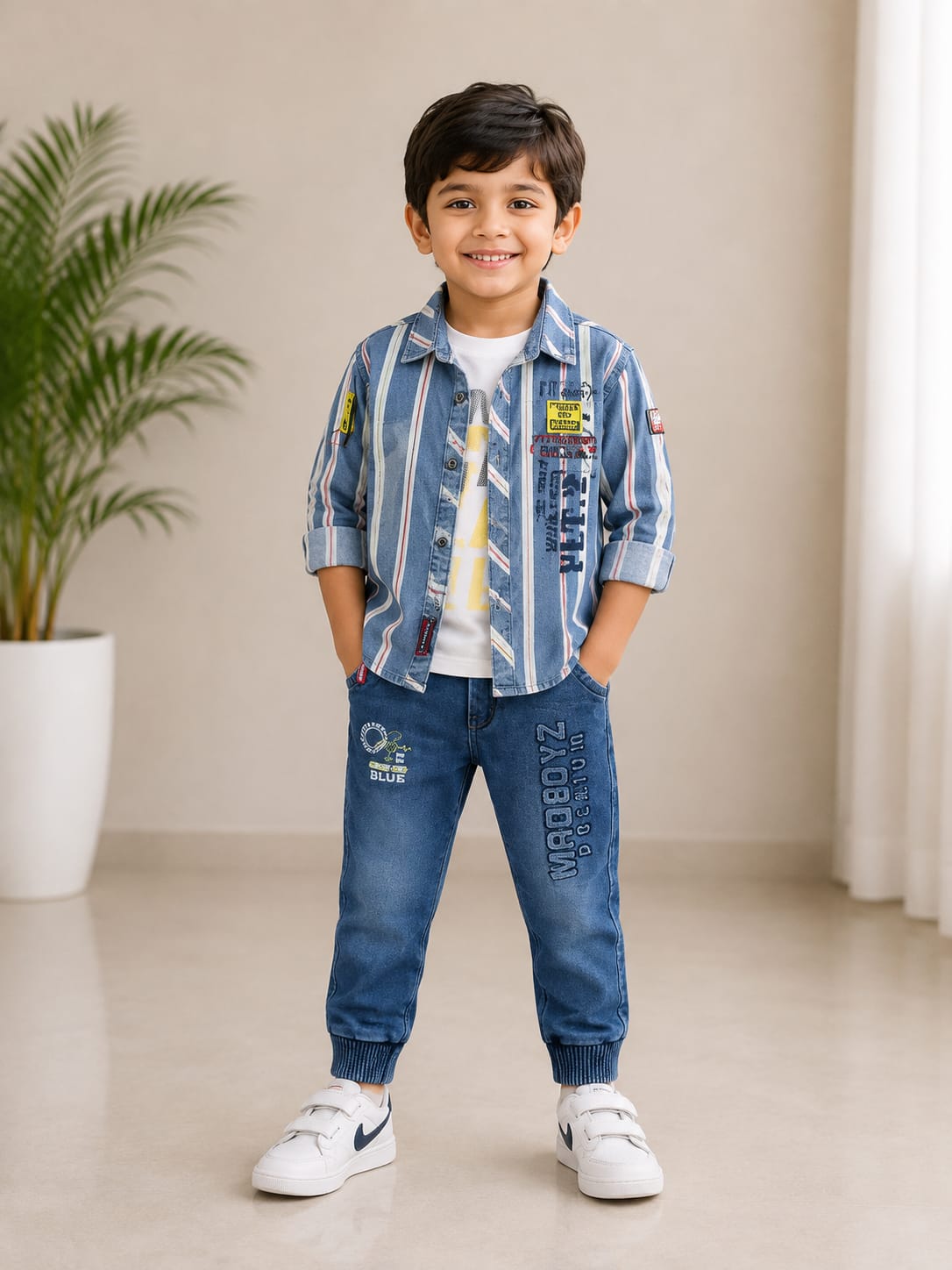Boys’ Blue Denim Shirt Jacket with Graphic T-Shirt & Jogger Jeans Set