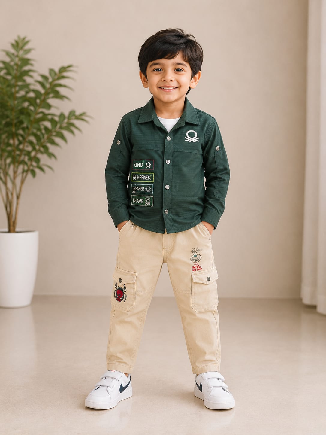 Boys’ Dark Green Casual Shirt with Beige Cargo Pants Set