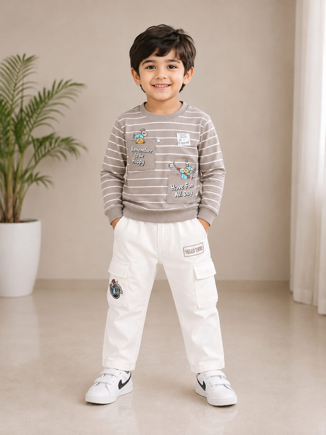 Boys’ Grey Striped Sweatshirt with White Cargo Pants Set