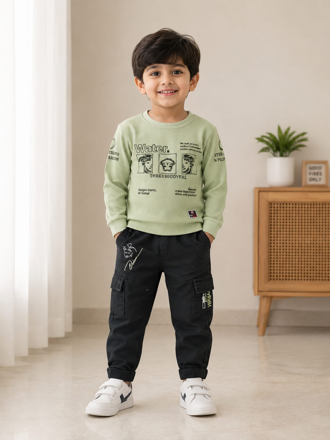 Boys’ Sage Green Printed Sweatshirt with Black Cargo Pants