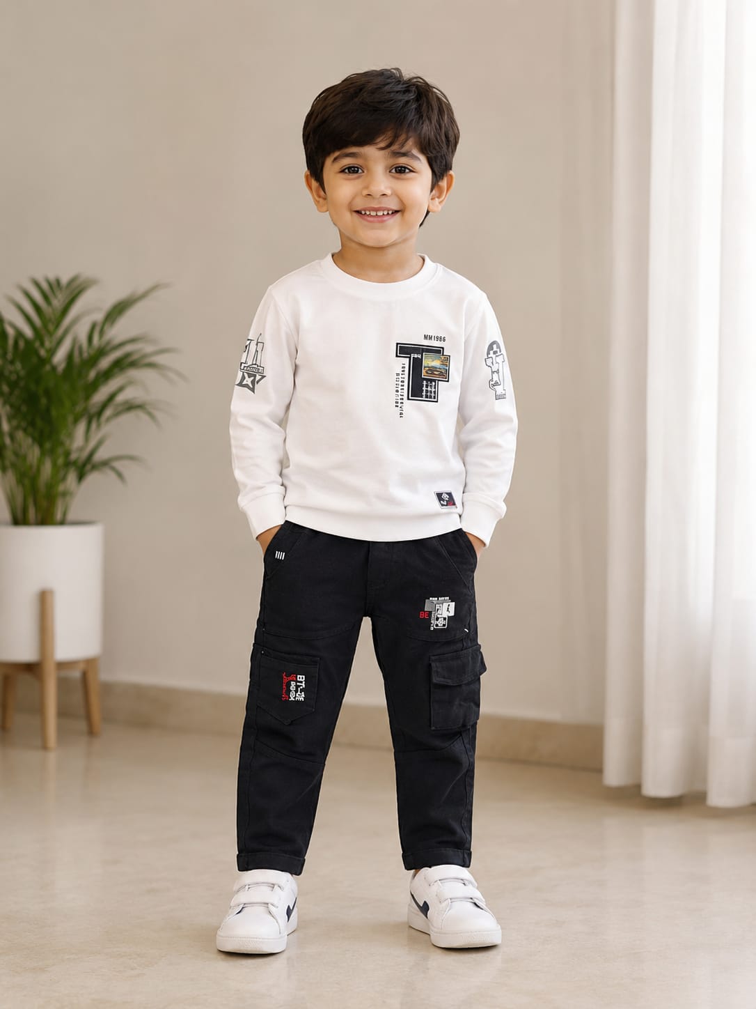 Boys’ White Graphic Sweatshirt with Black Cargo Pants