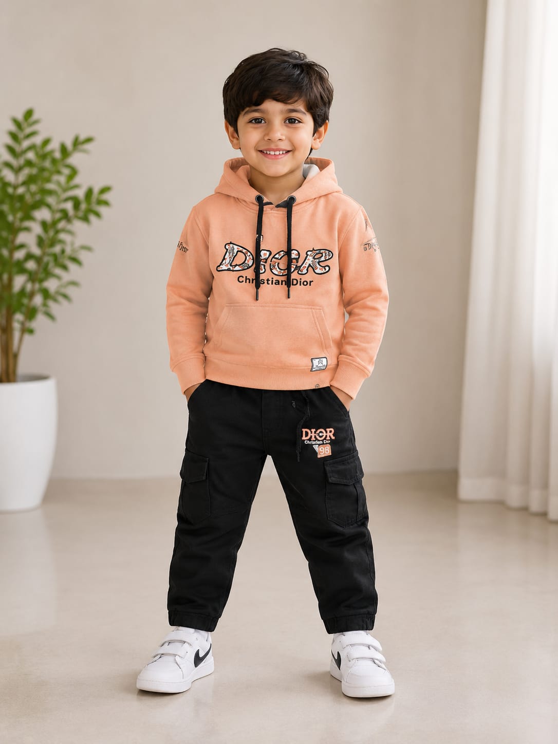 Boys’ Peach Graphic Hoodie with Black Cargo Pants