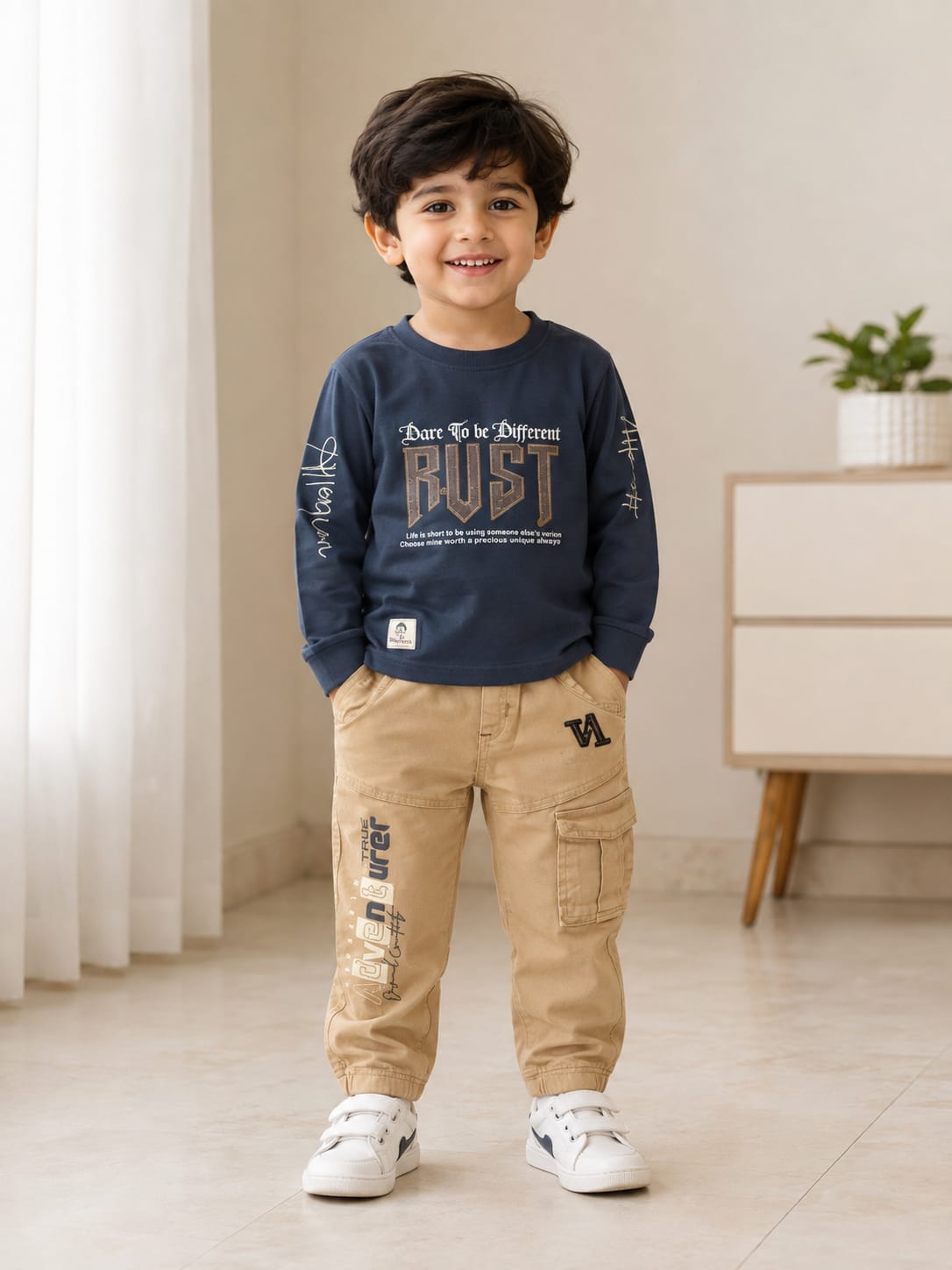 Boys’ Navy Blue Graphic Sweatshirt with Beige Cargo Pants