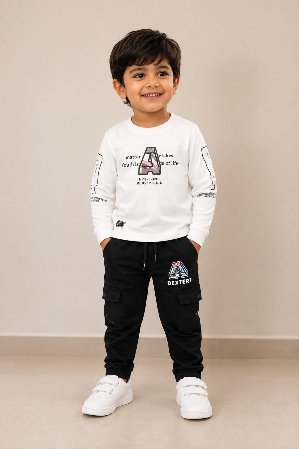 Boys’ White Graphic Sweatshirt with Black Cargo Joggers