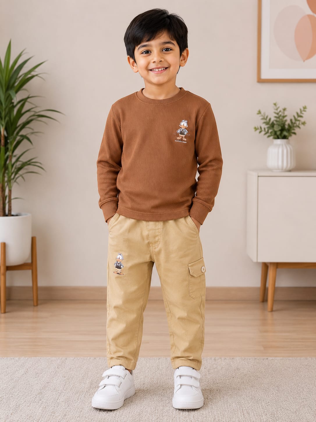 Boys’ Brown Ribbed Sweatshirt with Beige Cargo Pants