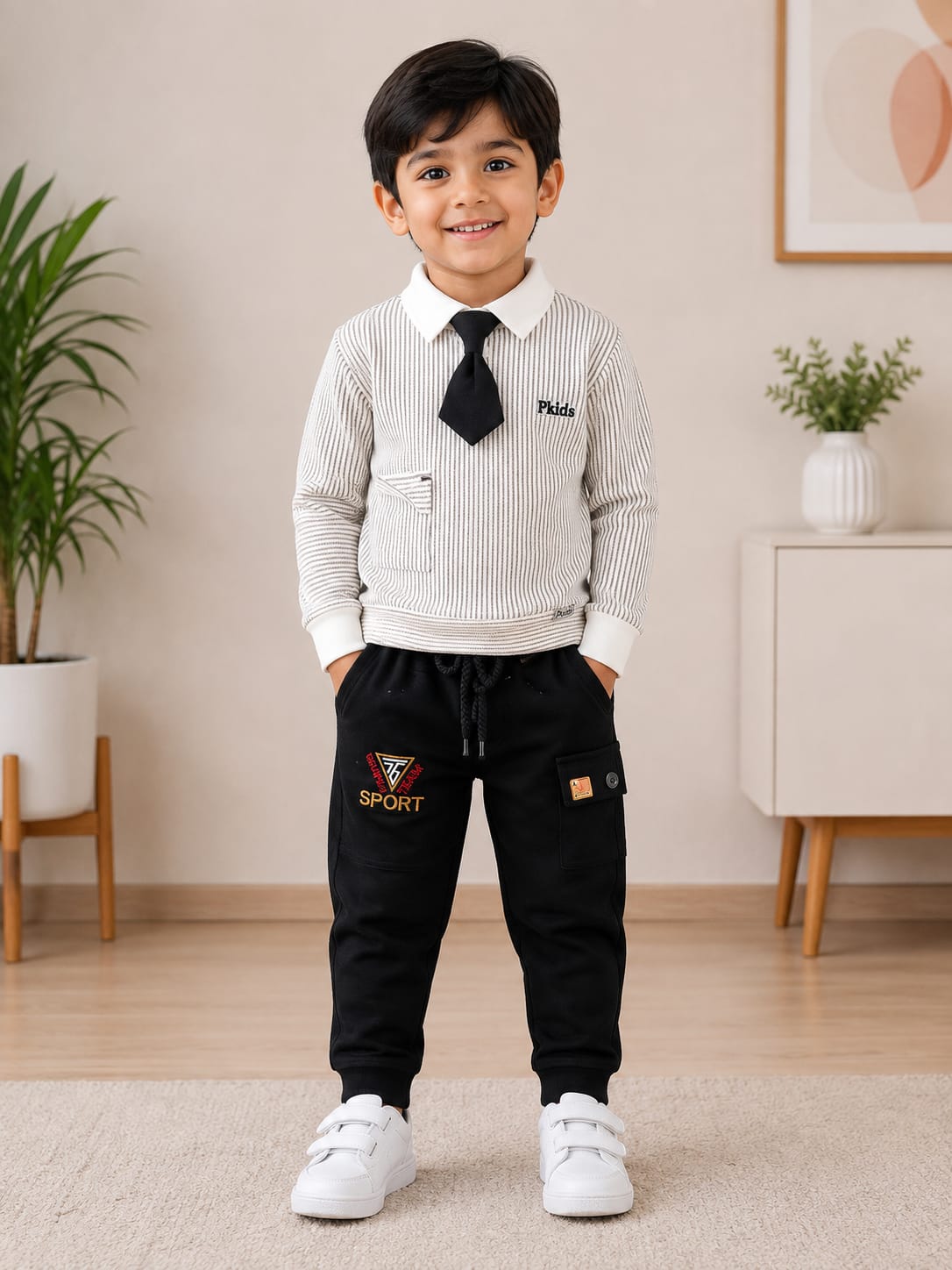 Boys’ Striped Collar Sweatshirt with Black Cargo Joggers