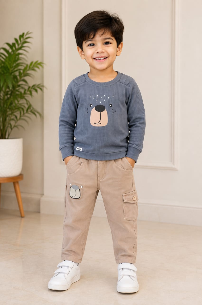 Boys’ Grey Bear Graphic Sweatshirt with Beige Cargo Pants