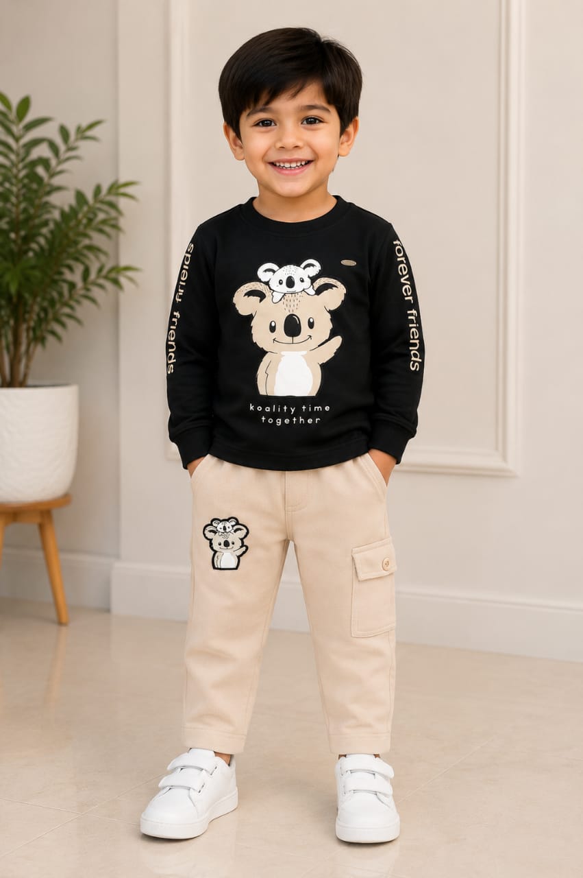Boys’ Black Koala Graphic Sweatshirt with Beige Cargo Pants