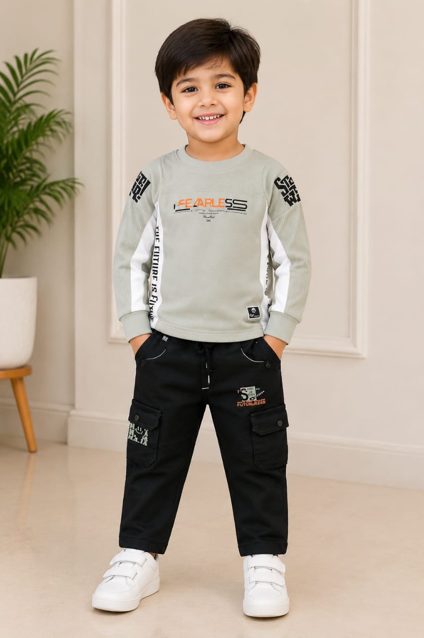 Boys’ Grey Graphic Sweatshirt with Black Cargo Pants