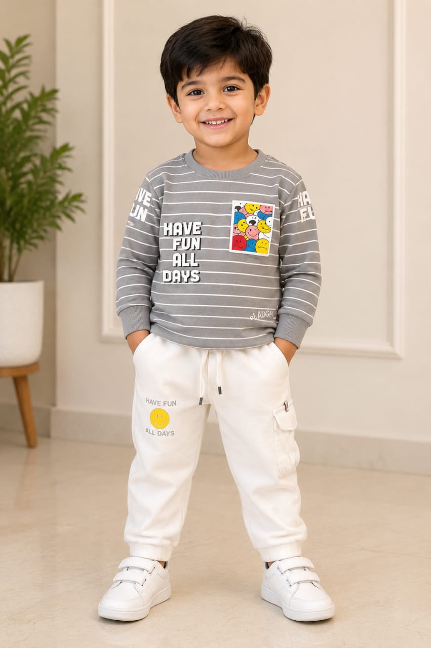 Boys’ Grey Striped Sweatshirt & White Cargo Jogger Set