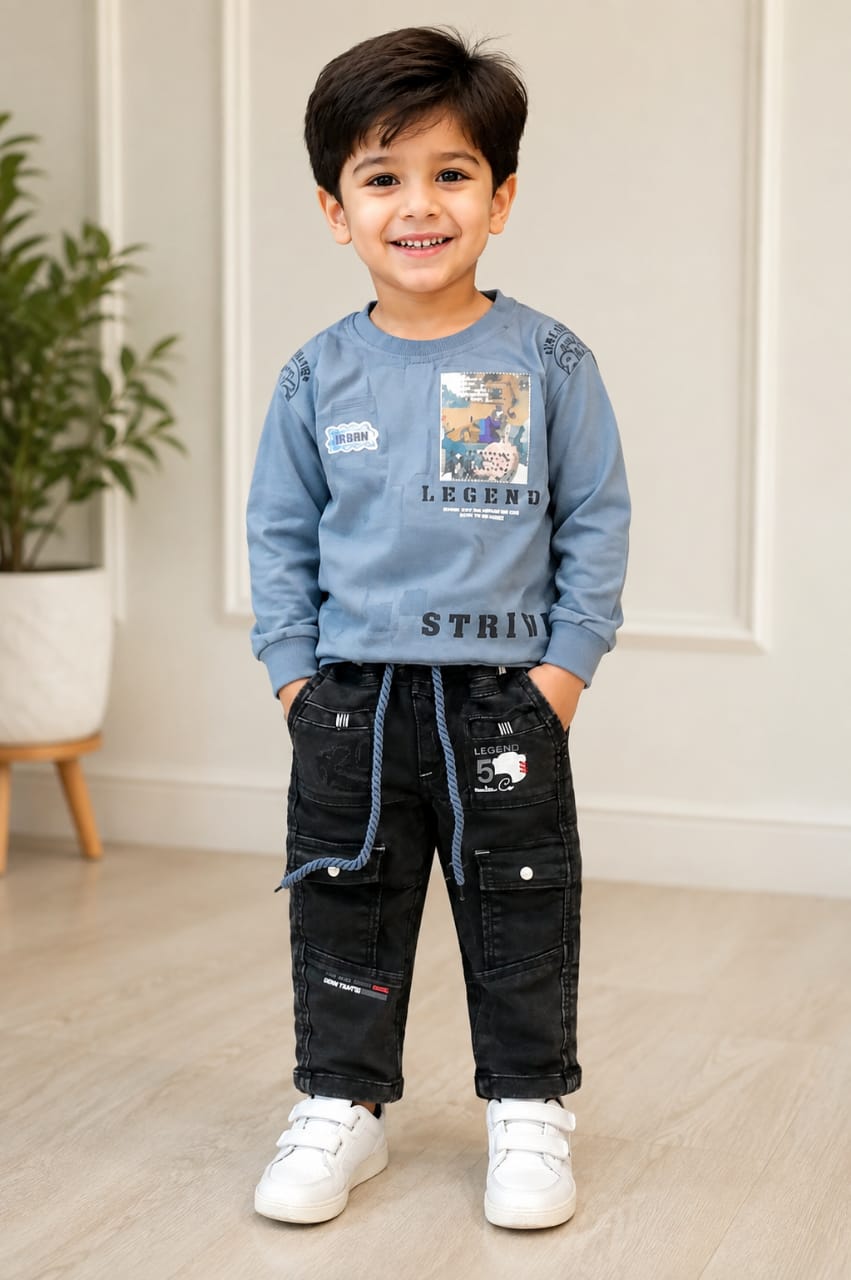 Boys’ Blue Graphic Sweatshirt & Black Cargo Jeans Set