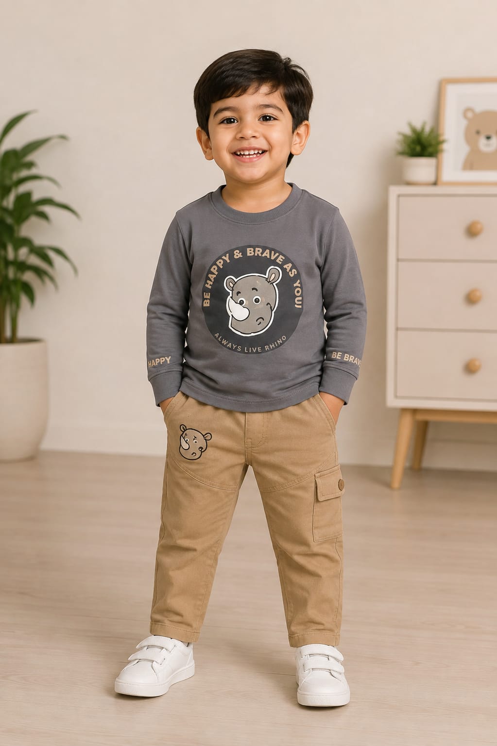 Boys’ Grey Rhino Graphic Sweatshirt & Beige Cargo Pants Set