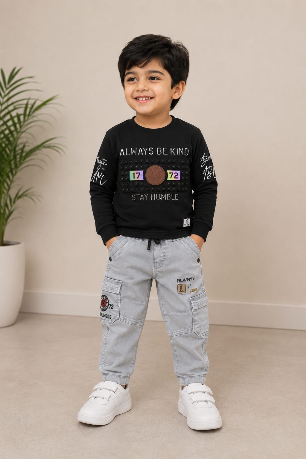 Boys’ Black Graphic Sweatshirt & Light Grey Cargo Jeans Set