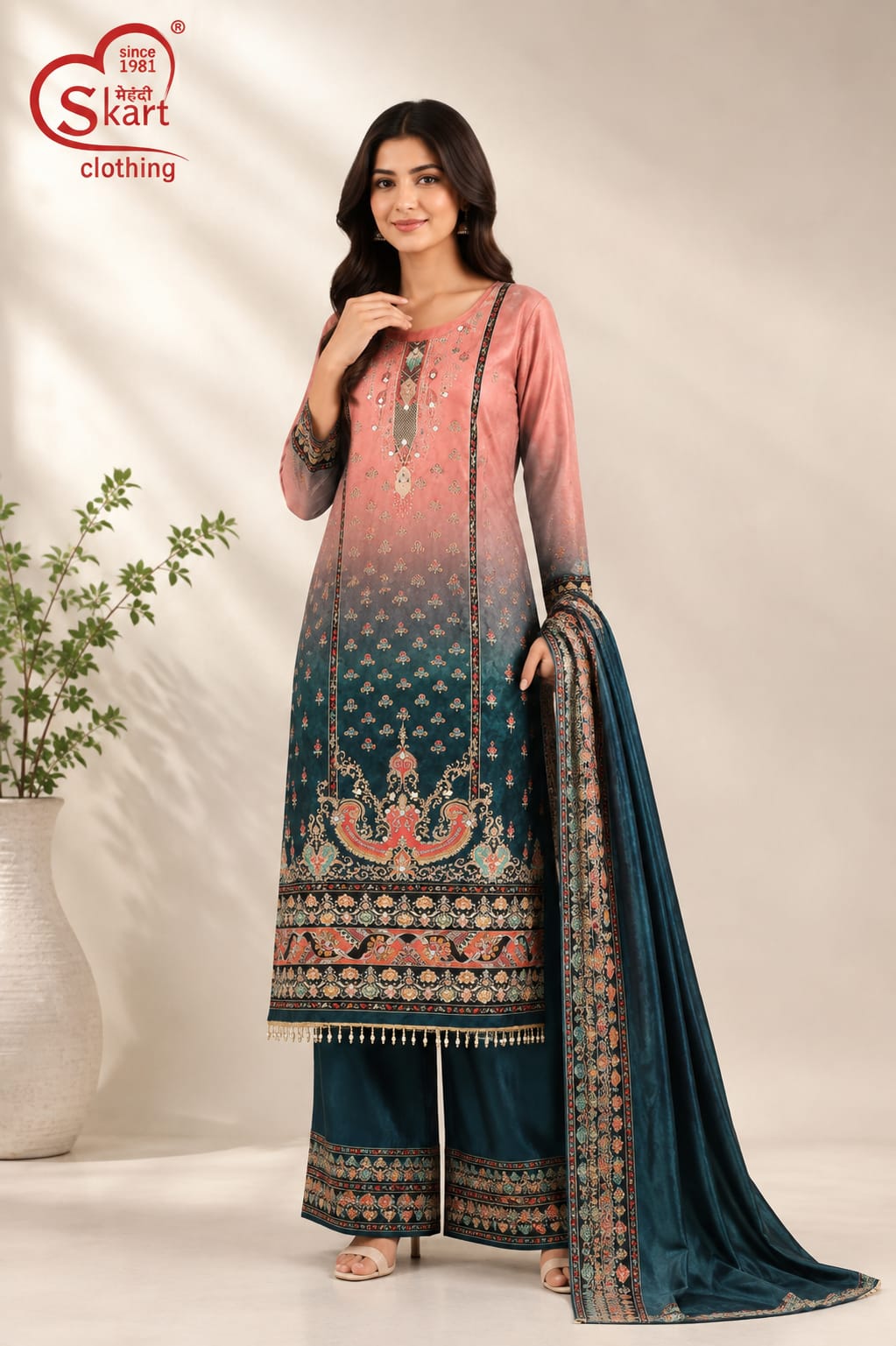 Women’s Printed Embroidered Kurta Palazzo Set with Dupatta