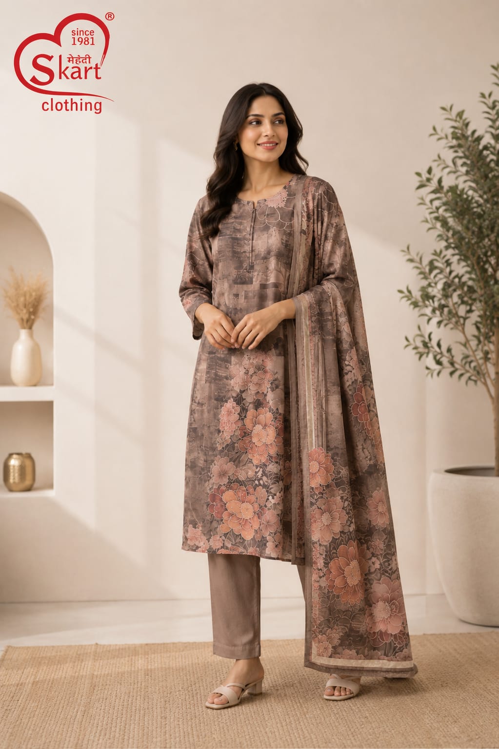 Women’s Brown Floral Printed Kurta Pant Set with Dupatta