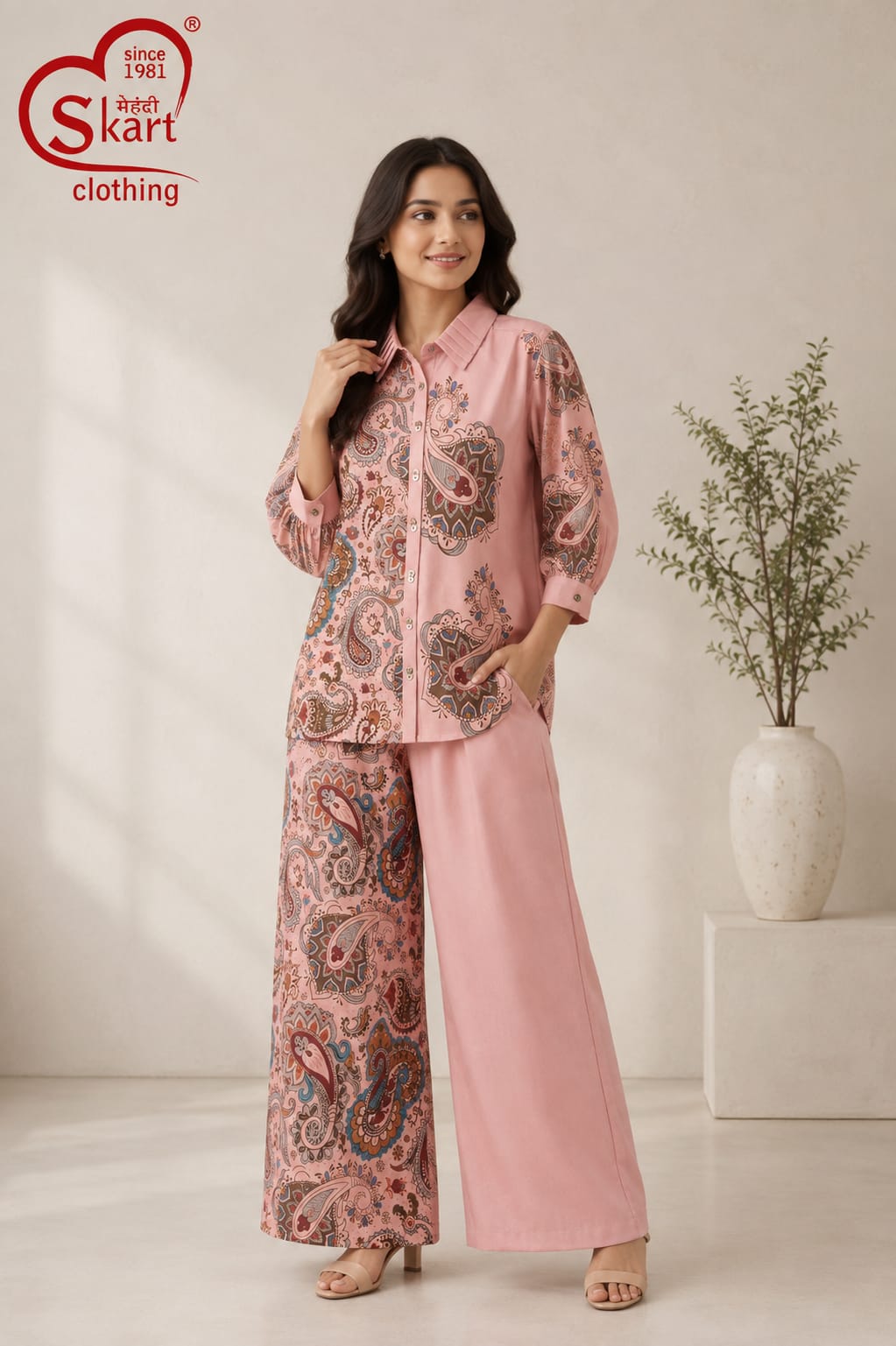 Women’s Pink Printed Shirt Style Top & Palazzo Set