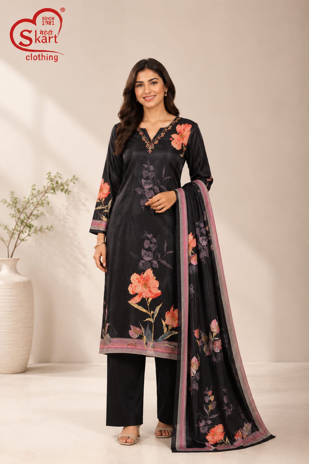 Women’s Black Floral Printed Kurta Pant Set with Dupatta