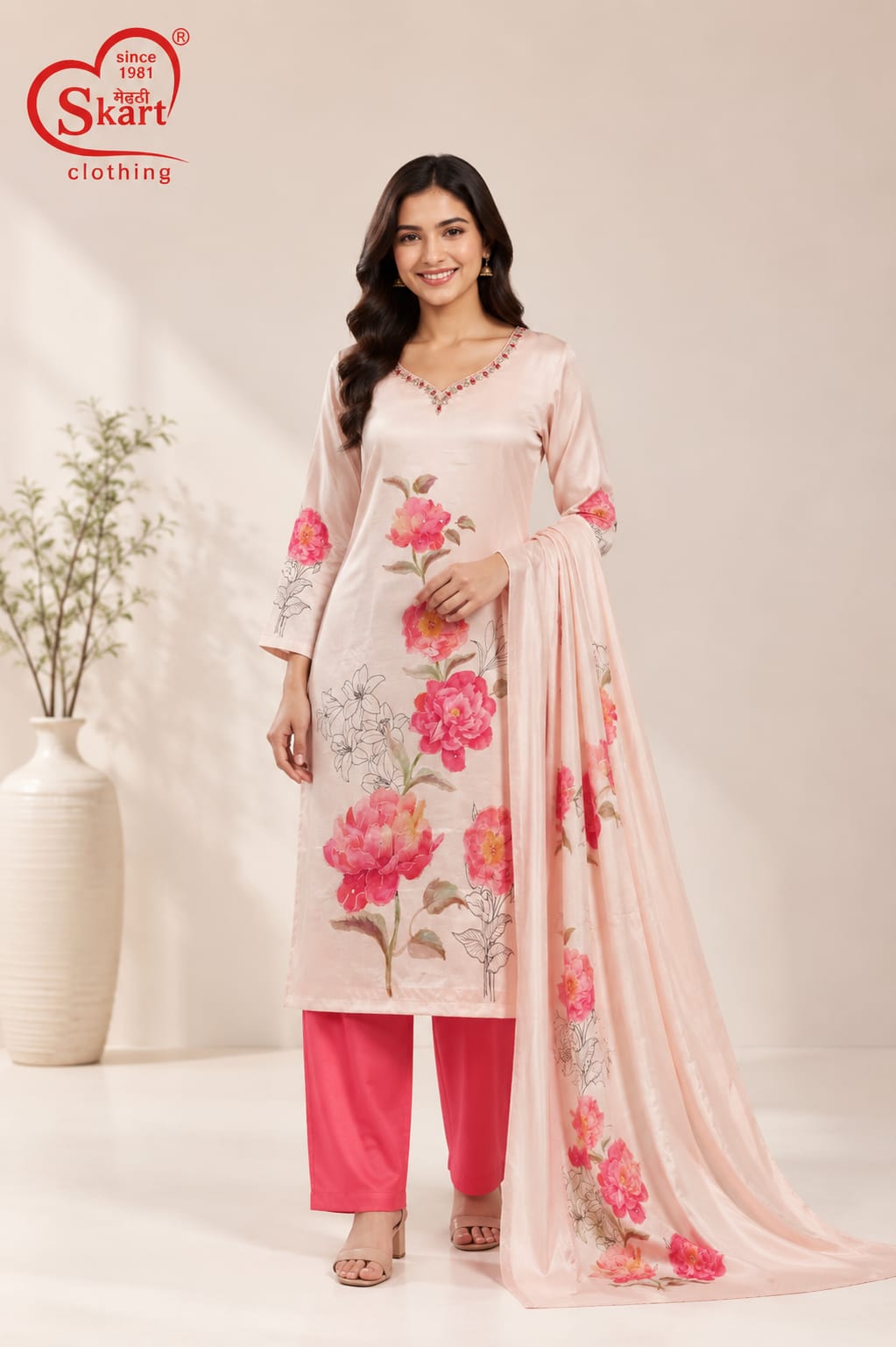 Women’s Peach Floral Printed Kurta Pant Set with Dupatta
