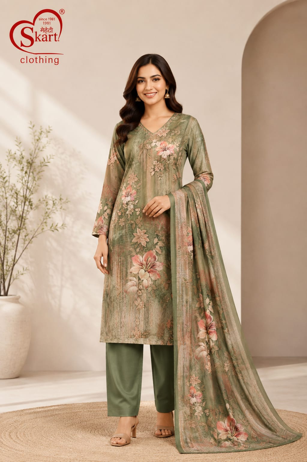 Women’s Olive Green Floral Printed Kurta Pant Set with Dupatta