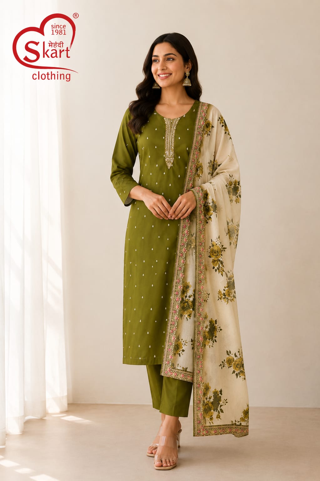 Women’s Olive Green Embroidered Kurta Pant Set with Floral Dupatta
