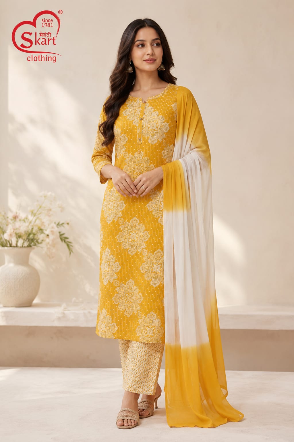 Women’s Mustard Yellow Printed Kurta Pant Set with Dupatta