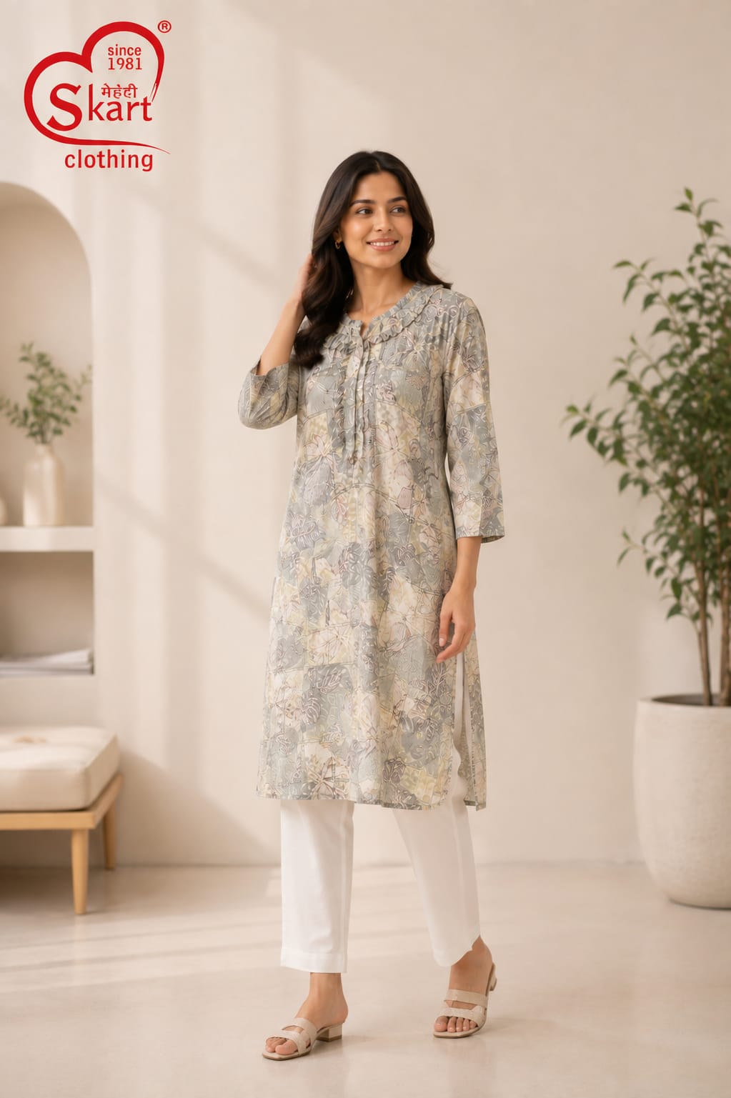 Women’s Beige Floral Printed Kurta with White Pants