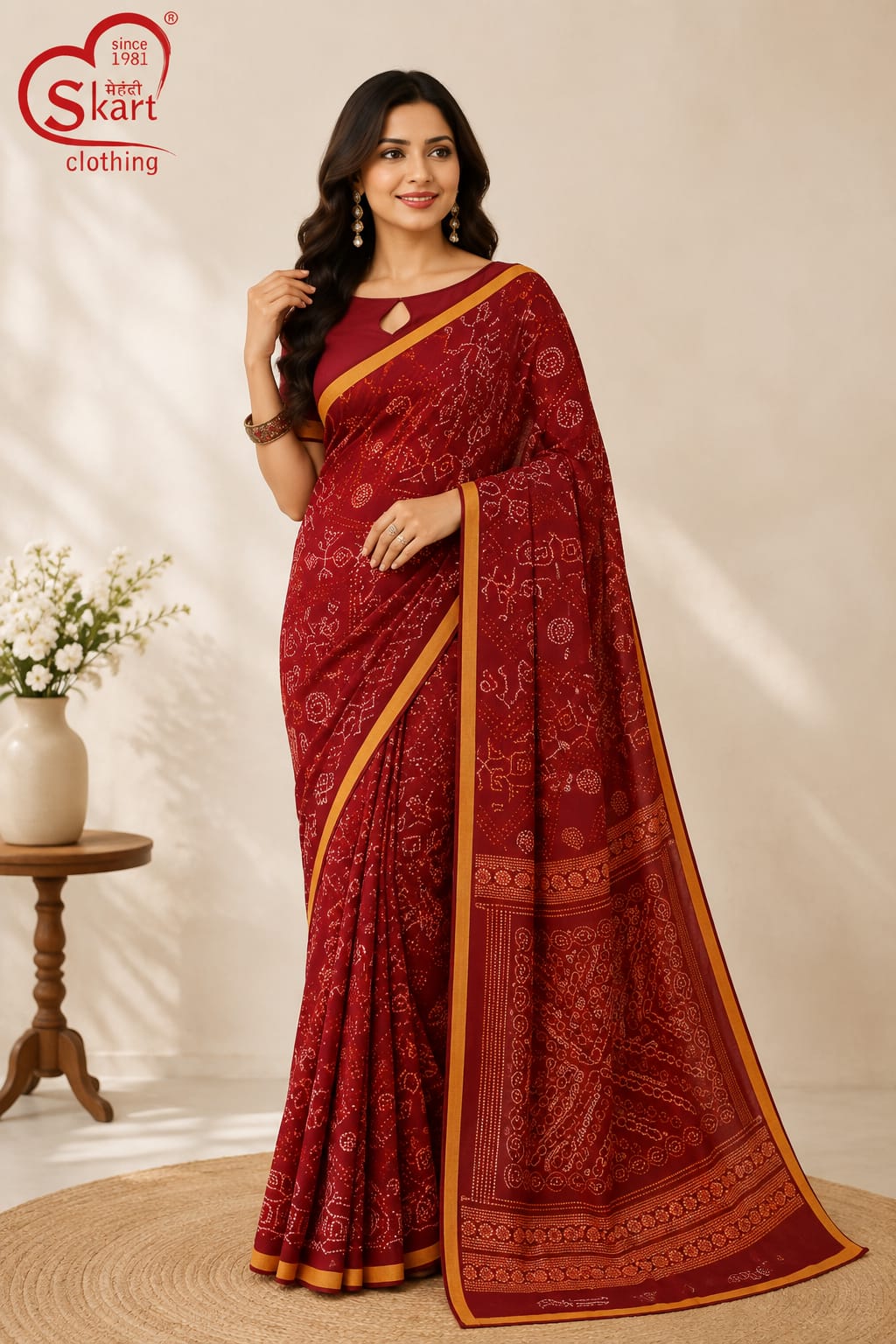 Women’s Maroon Bandhani Printed Saree with Golden Border