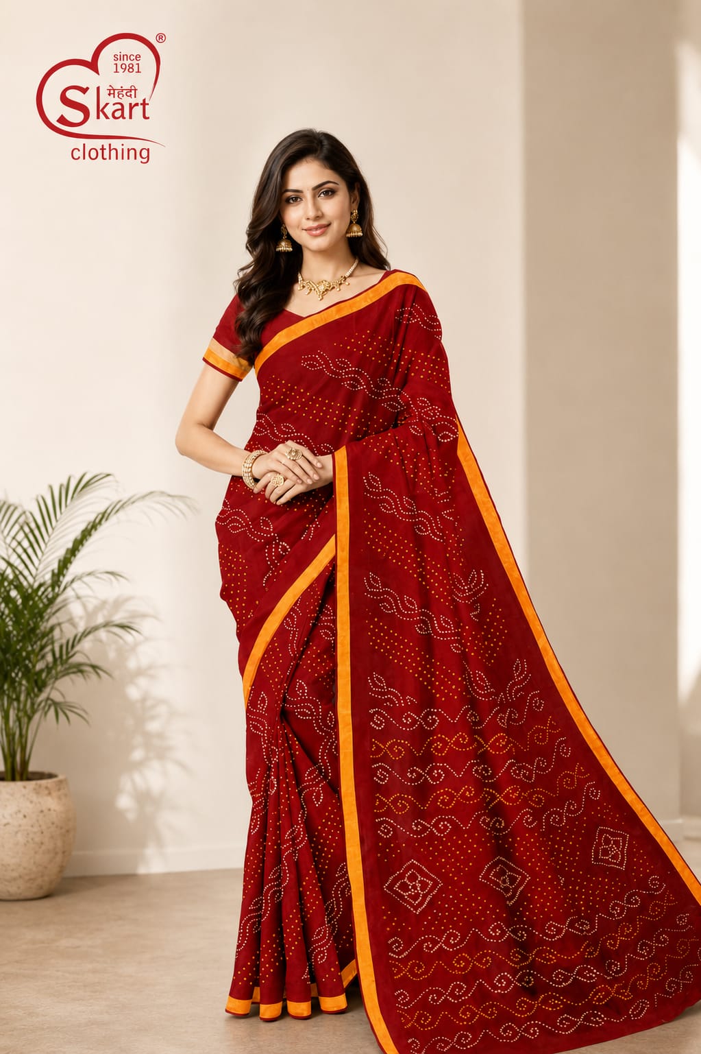 Women’s Maroon Bandhani Printed Saree with Orange Border