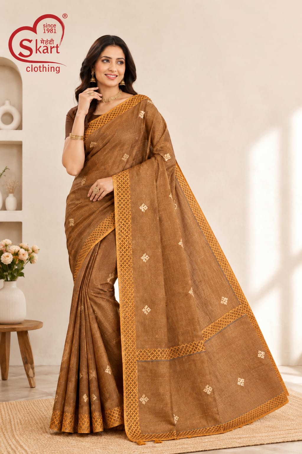 Women’s Brown Handloom Style Saree with Traditional Border