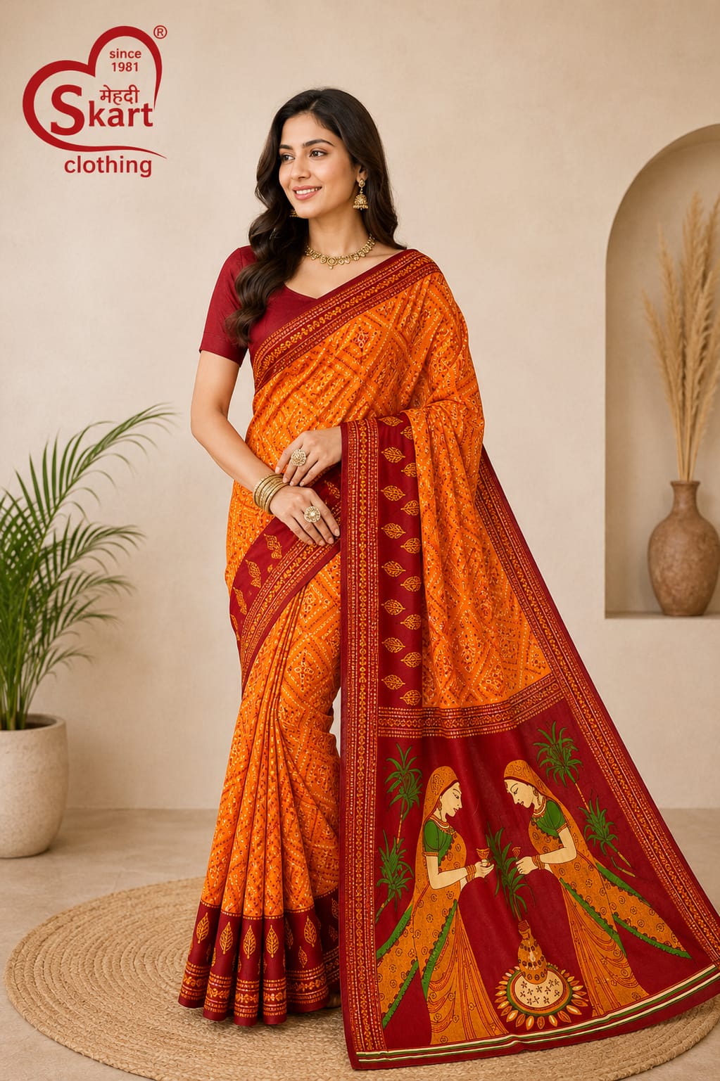 Women’s Orange Printed Saree with Traditional Rajasthani Art Pallu