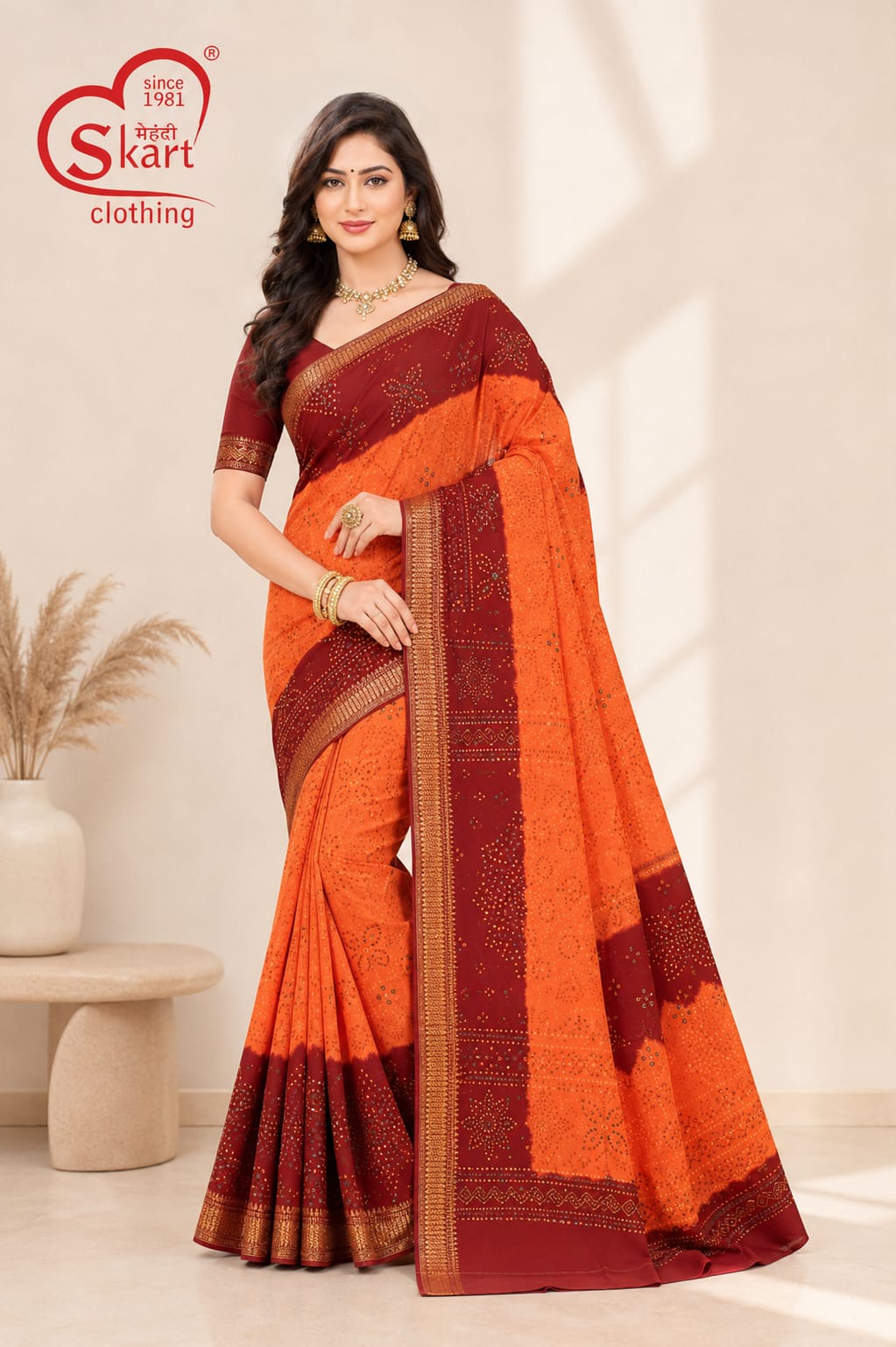 Women’s Orange & Maroon Traditional Printed Saree
