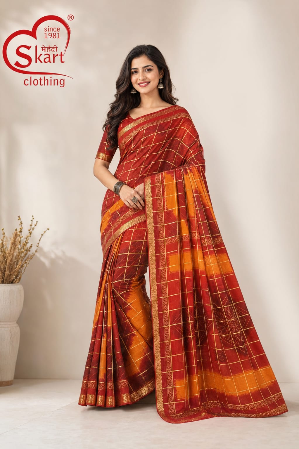Women’s Maroon & Orange Checked Printed Saree with Golden Border