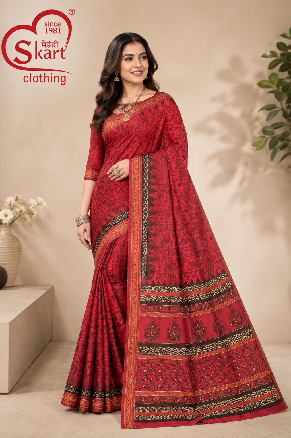 Women’s Red Printed Saree with Traditional Black & Golden Border