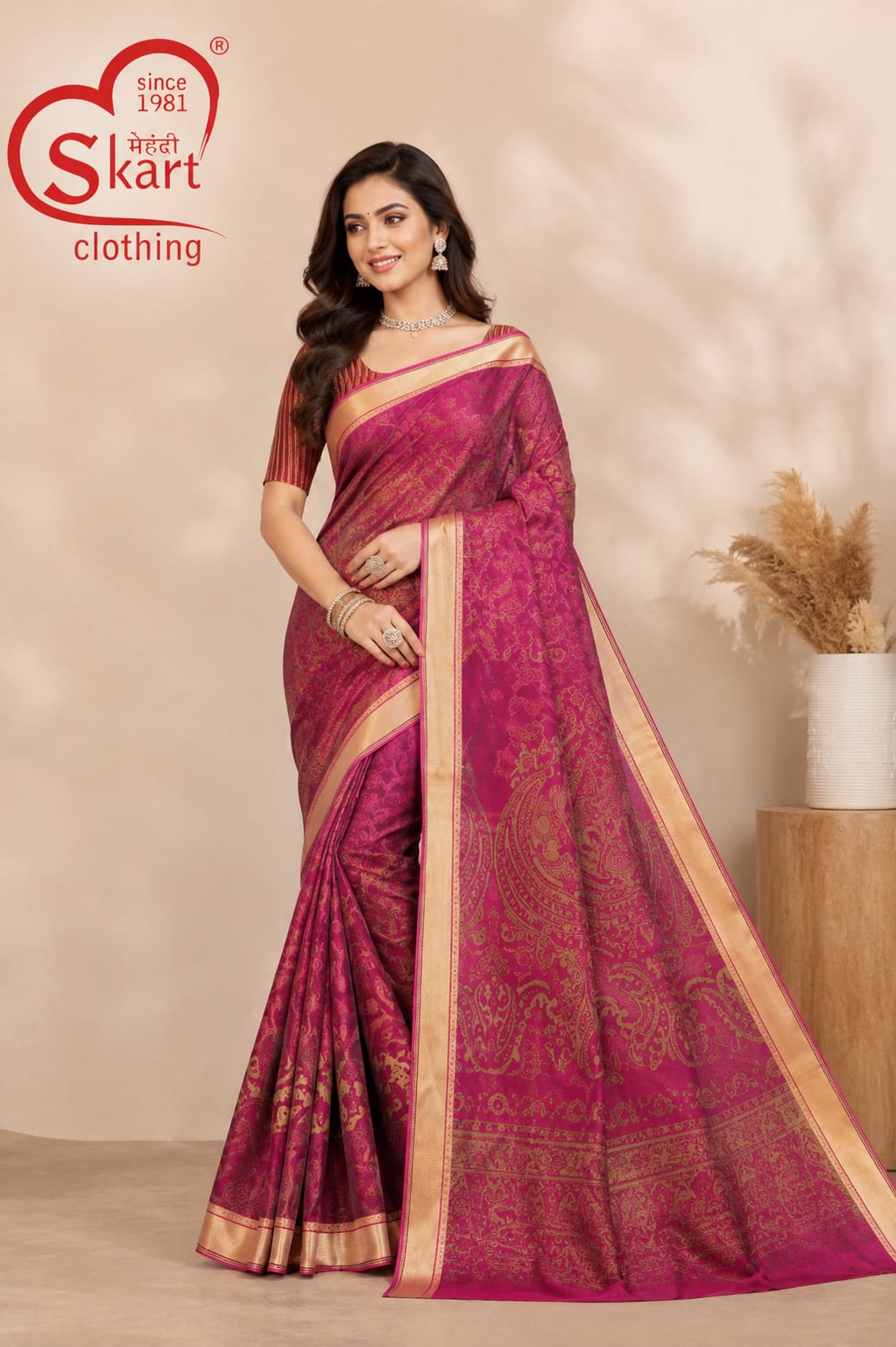 Women’s Magenta Pink Silk-Style Saree with Golden Paisley Design