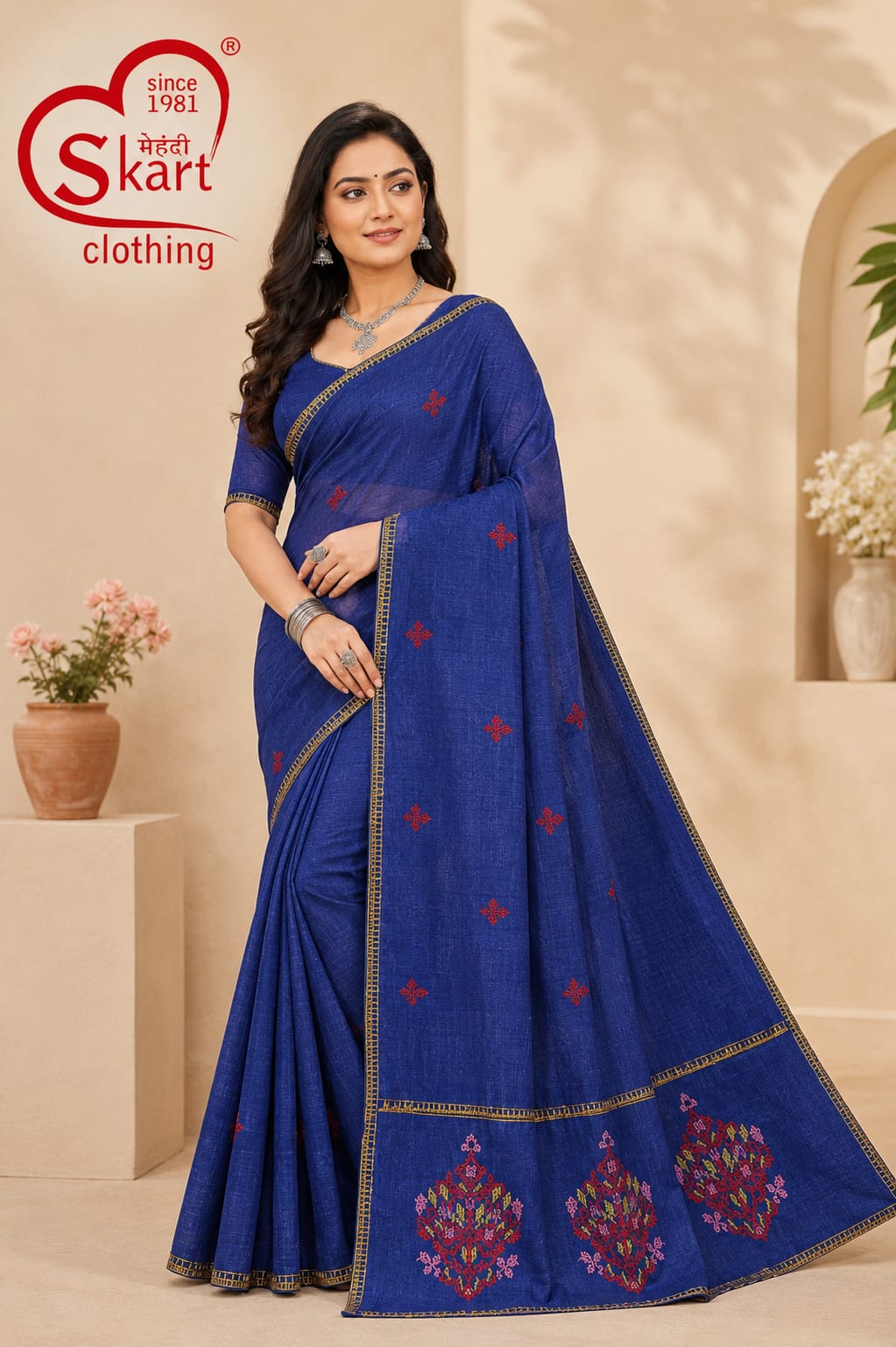 Elegant Royal Blue Saree with Traditional Floral Motifs