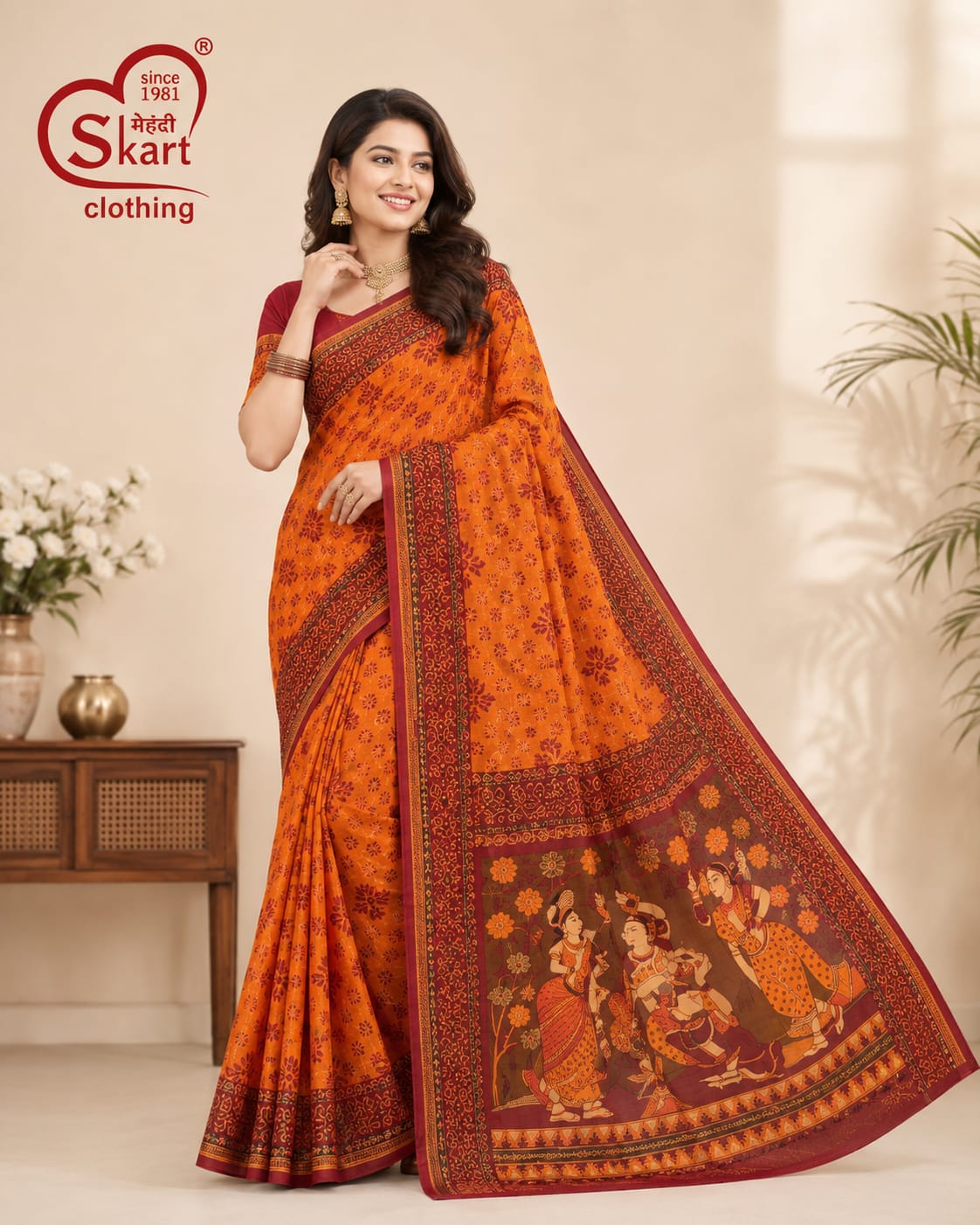 Elegant Orange Printed Saree with Traditional Dance Motif Pallu