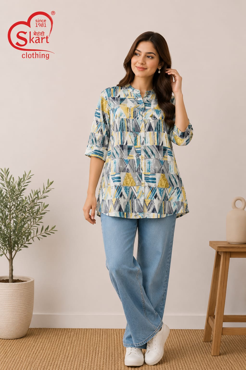 Trendy Blue & Yellow Geometric Printed Women’s Top