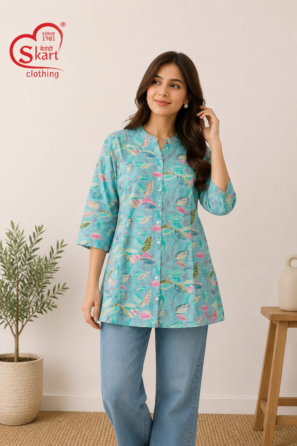 Elegant Aqua Blue Printed Women’s Kurti