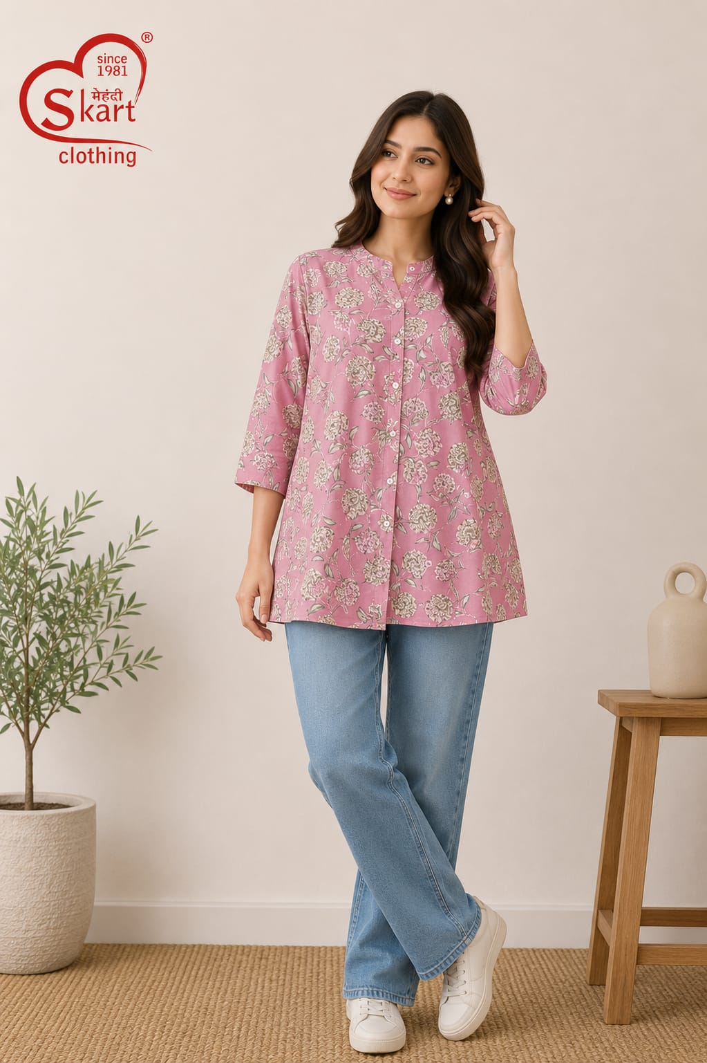 Elegant Pink Floral Printed Women’s Kurti