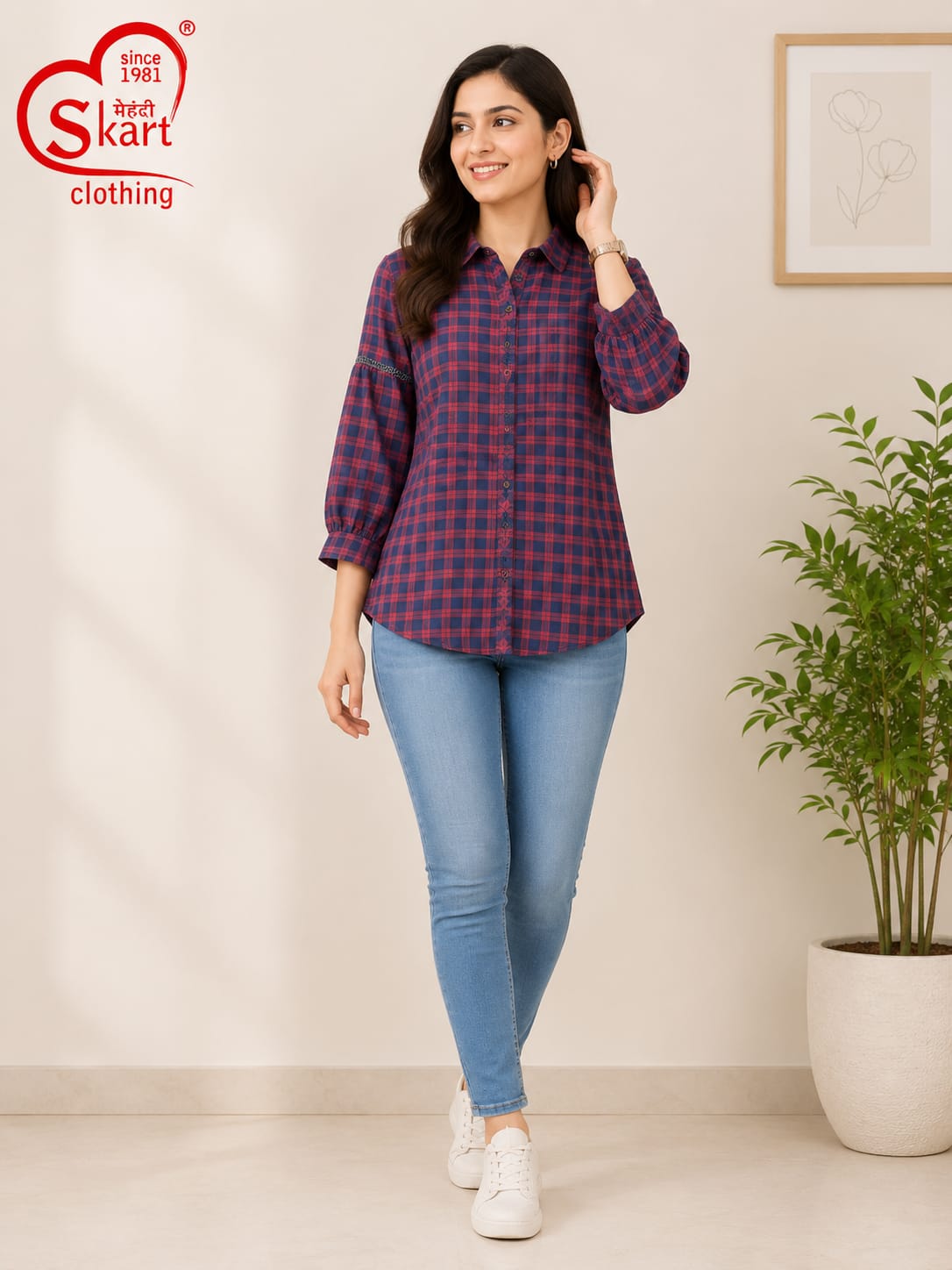 Stylish Navy Blue & Red Checkered Women’s Shirt
