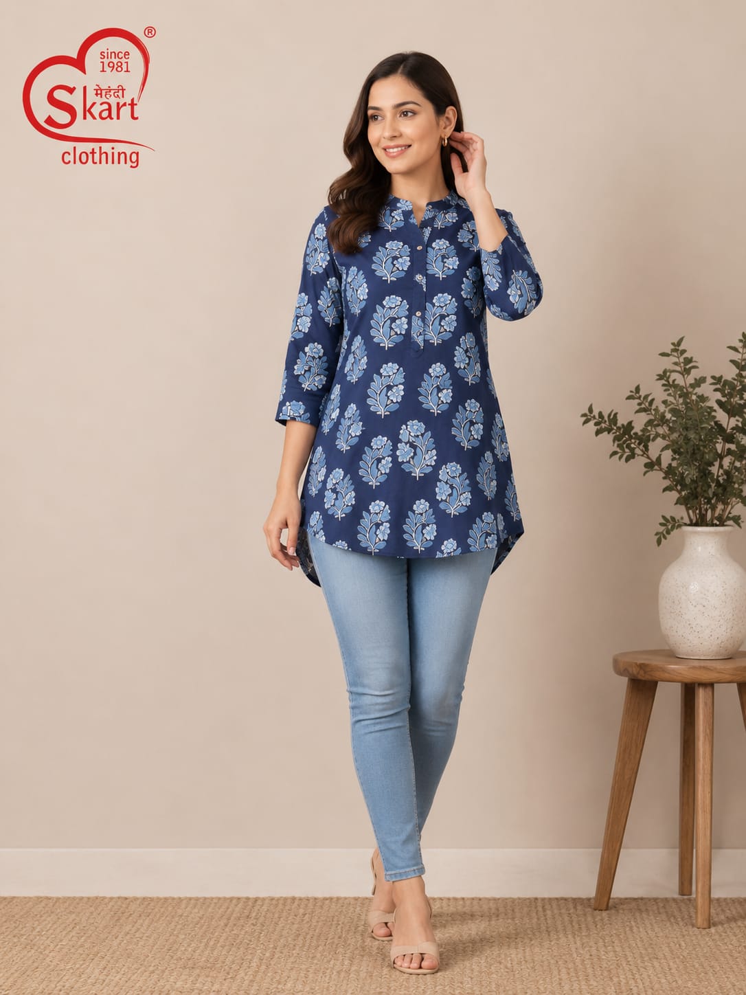 Elegant Navy Blue Floral Printed Women’s Tunic