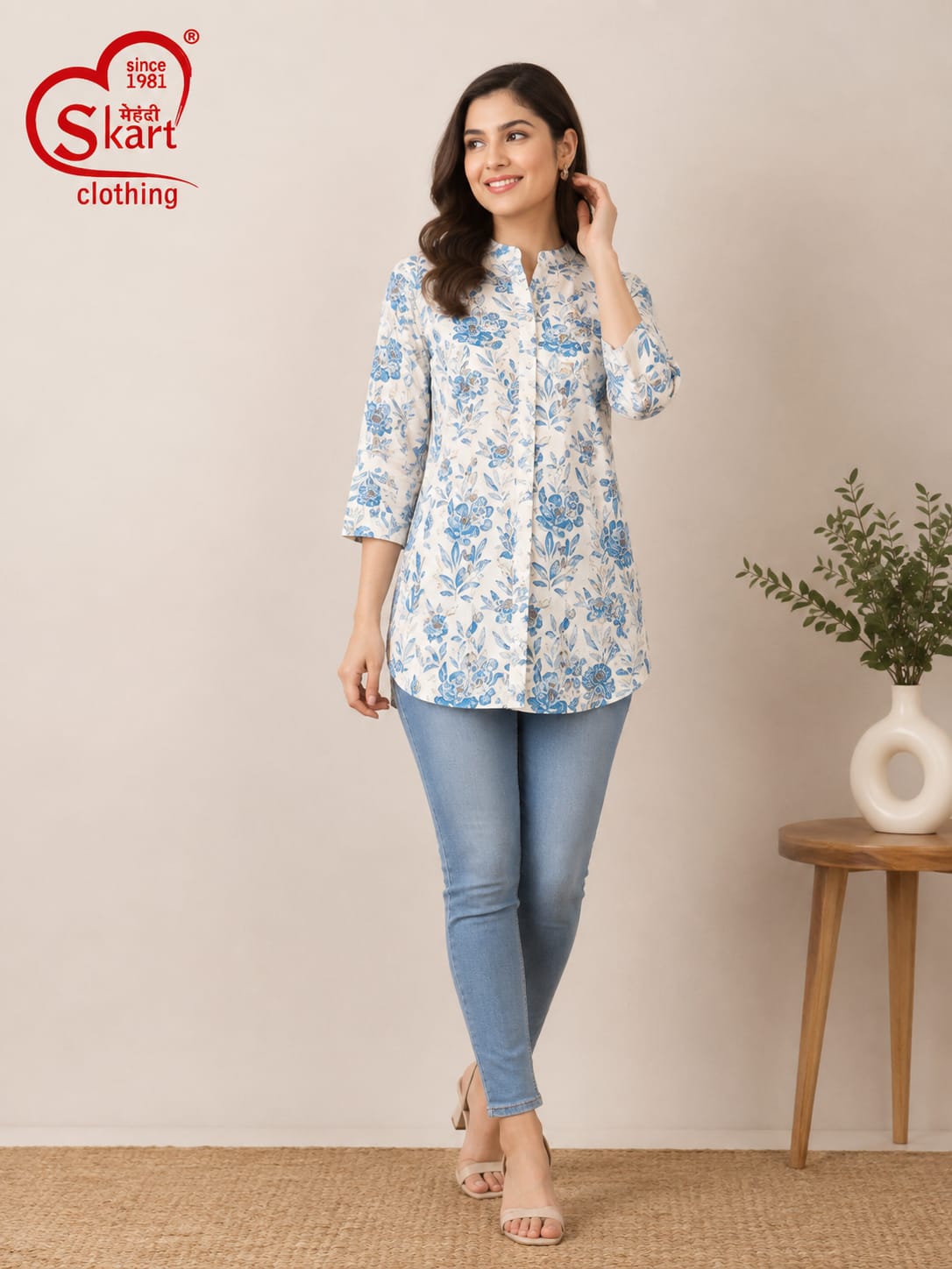 Elegant White & Blue Floral Printed Women’s Tunic