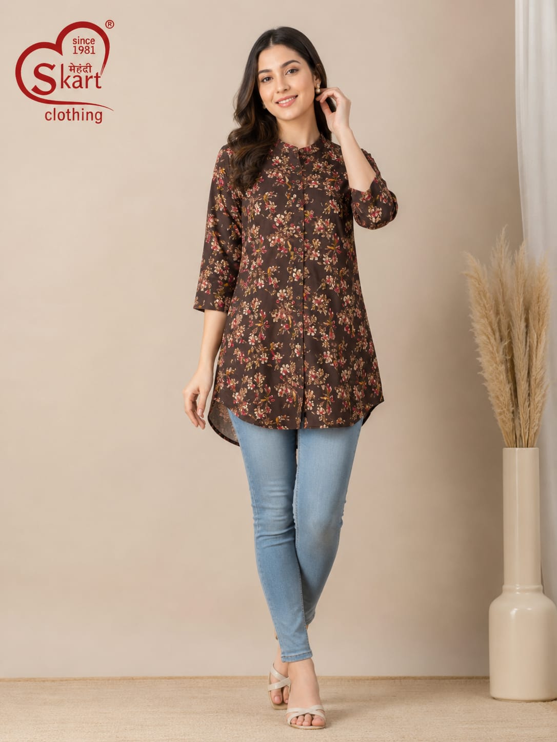 Elegant Brown Floral Printed Women’s Tunic