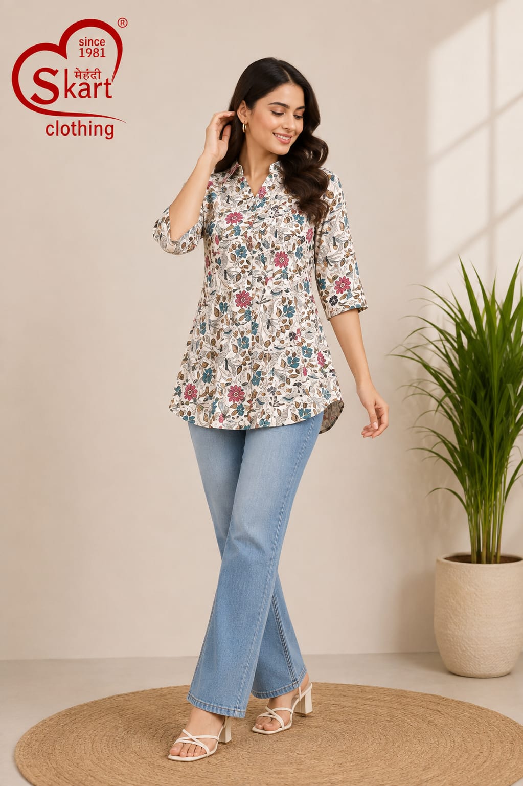 Elegant White Floral Printed Women’s Peplum Tunic