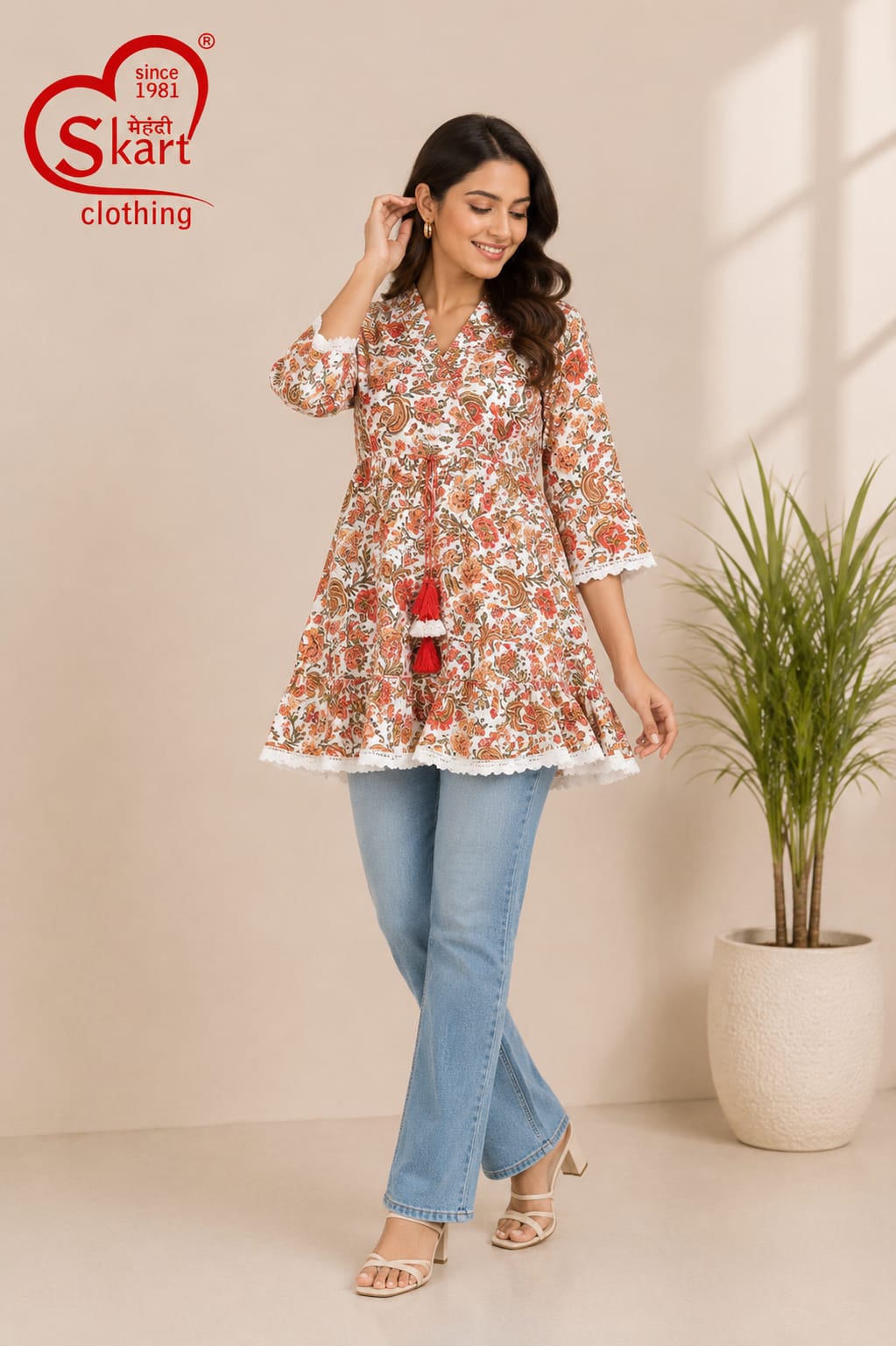 Elegant White Floral Printed Flared Women’s Tunic