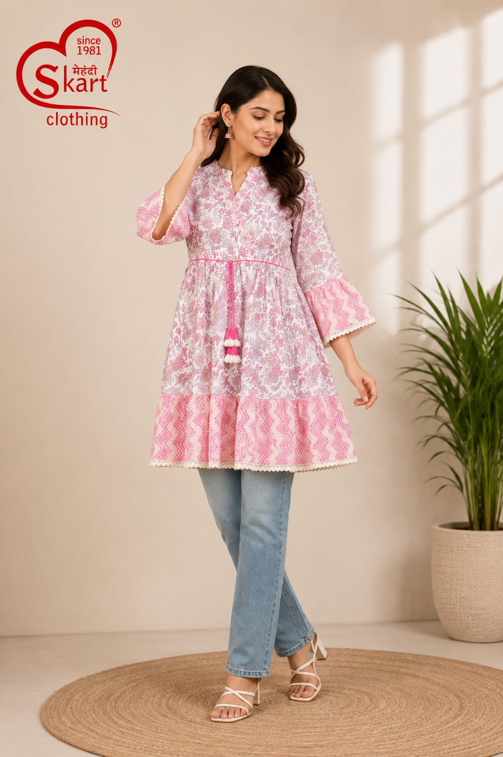 Elegant Pink Floral Printed Flared Women’s Tunic