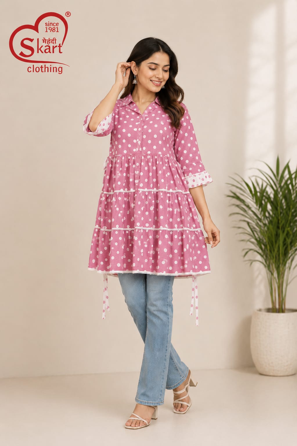 Stylish Pink Polka Dot Tiered Women’s Tunic