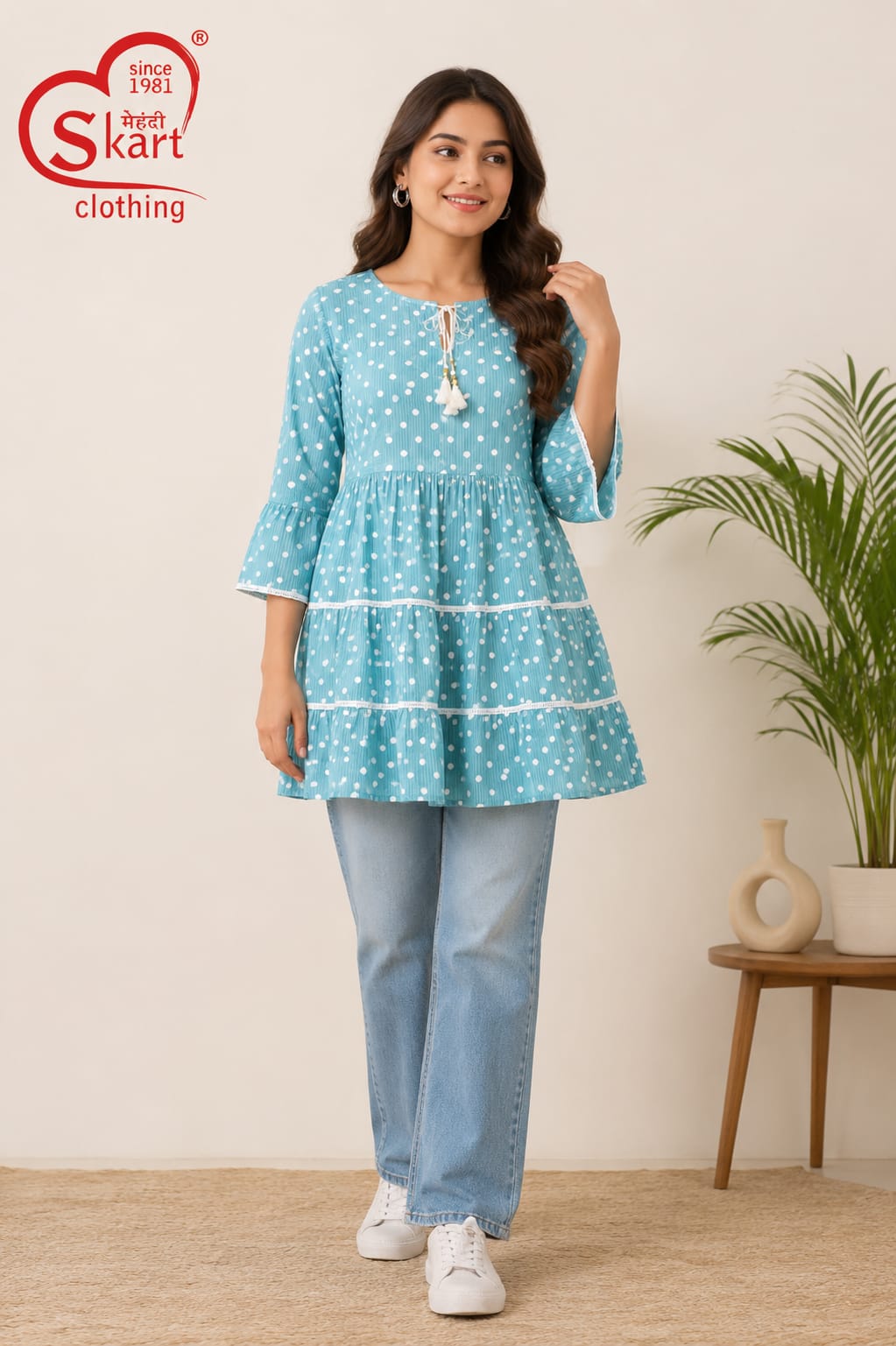 Stylish Sky Blue Polka Dot Tiered Women’s Tunic