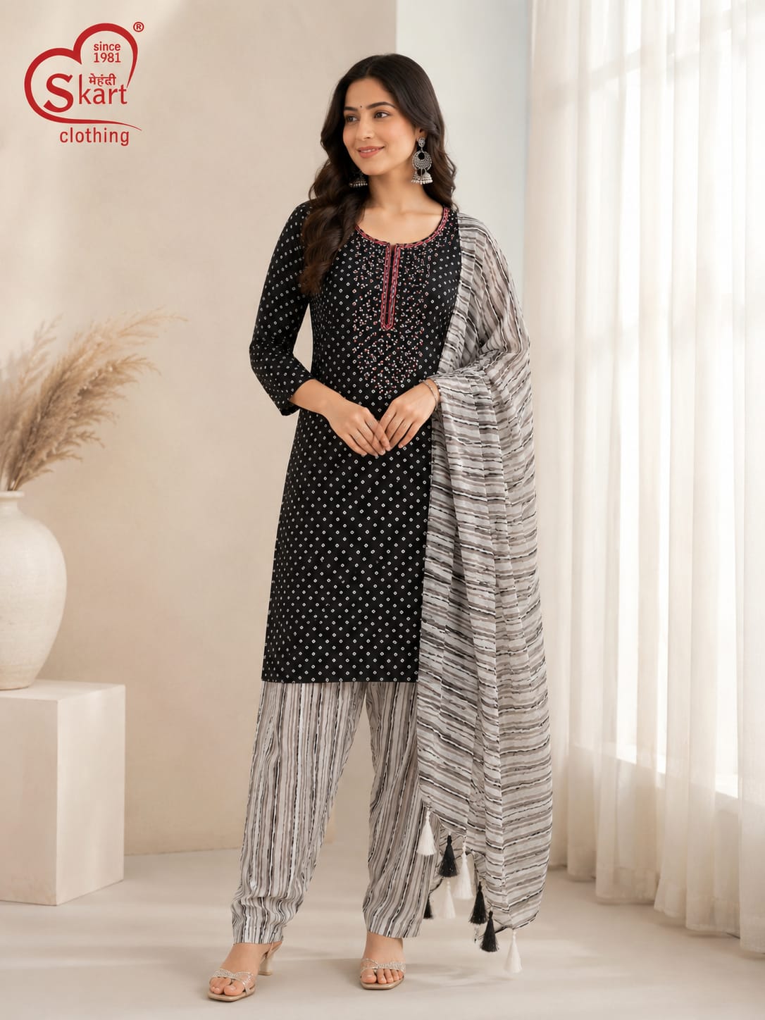 Black & White Printed Kurta Set with Dupatta