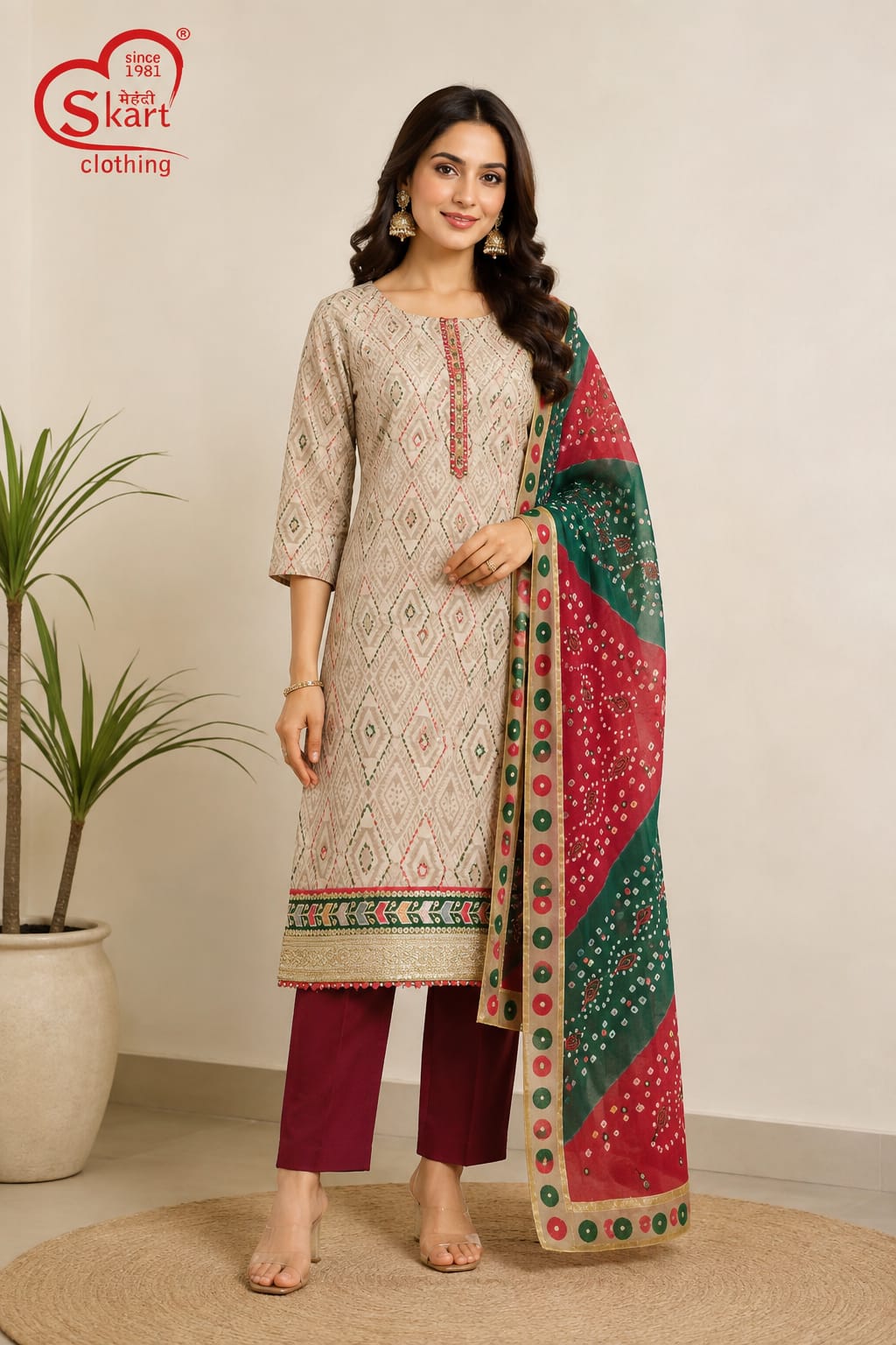 Beige Printed Kurta Set with Maroon Pants & Multicolor Dupatta